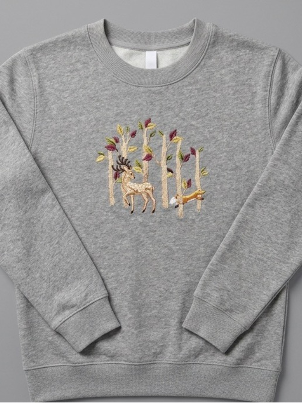 Women’s Gray Sweatshirt with Embroidered Deer and Forest